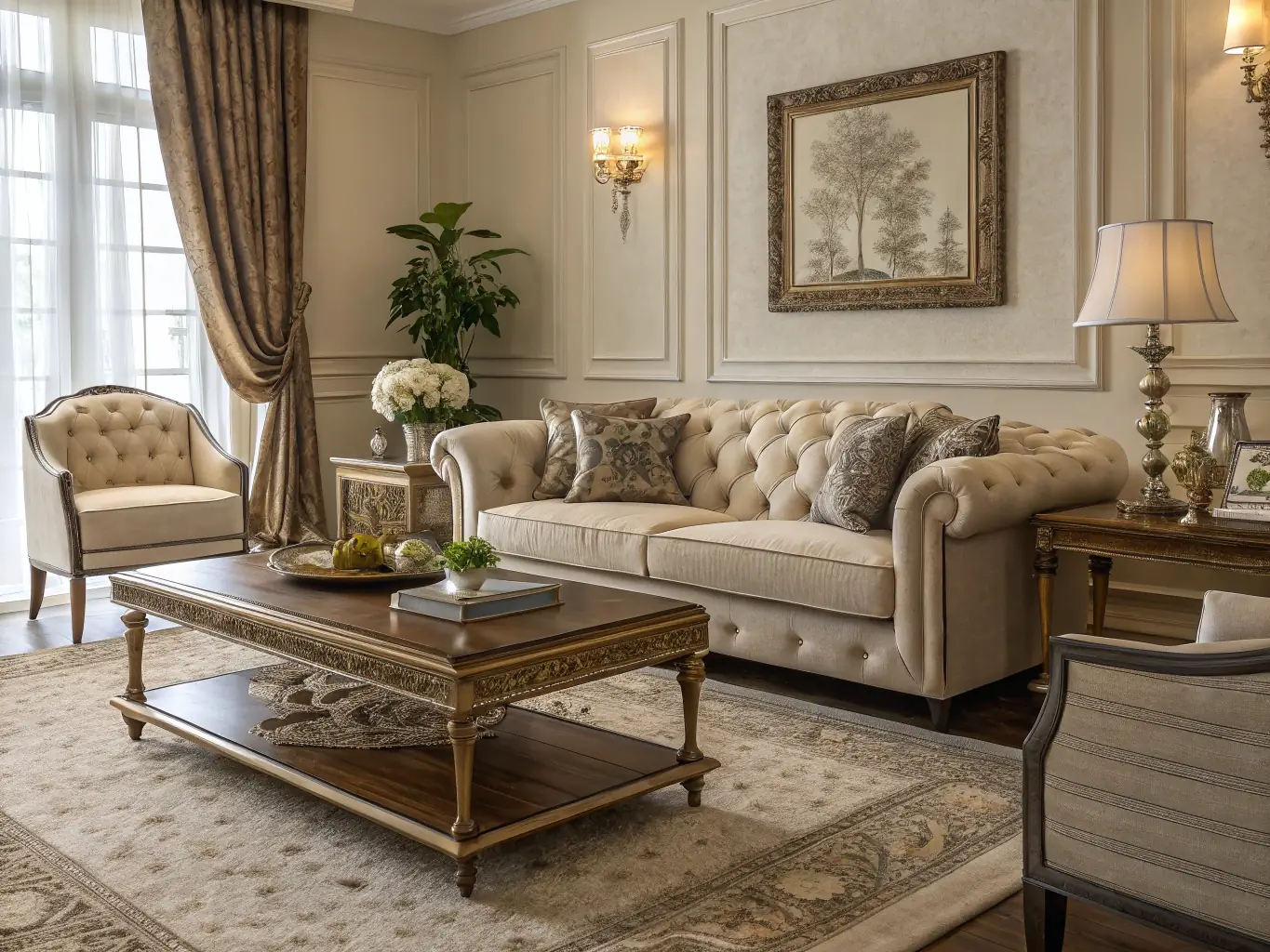 A luxurious living room with a fireplace, plush seating, and elegant decor, showcasing the comfort and style of a premium rental property.