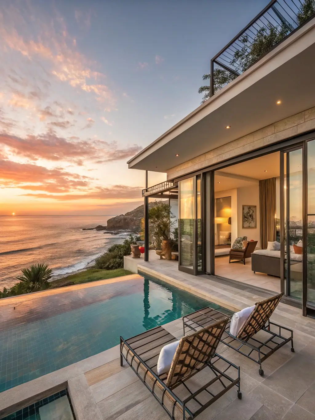A luxurious villa with a private pool overlooking the ocean. The villa features modern architecture and lush landscaping, creating a tropical paradise.